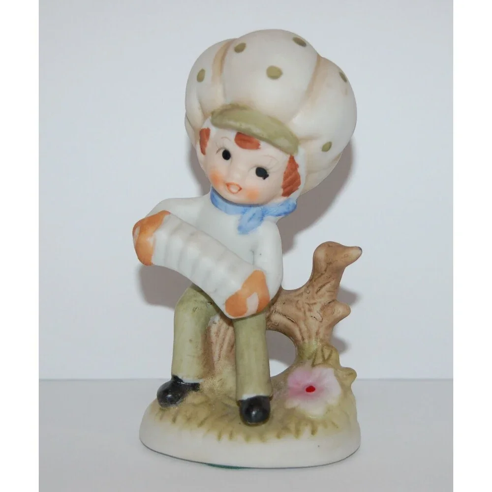 VTG Boy Sitting Playing Accordion Ceramic Figurine Mushroom Hat Green Polka Dots